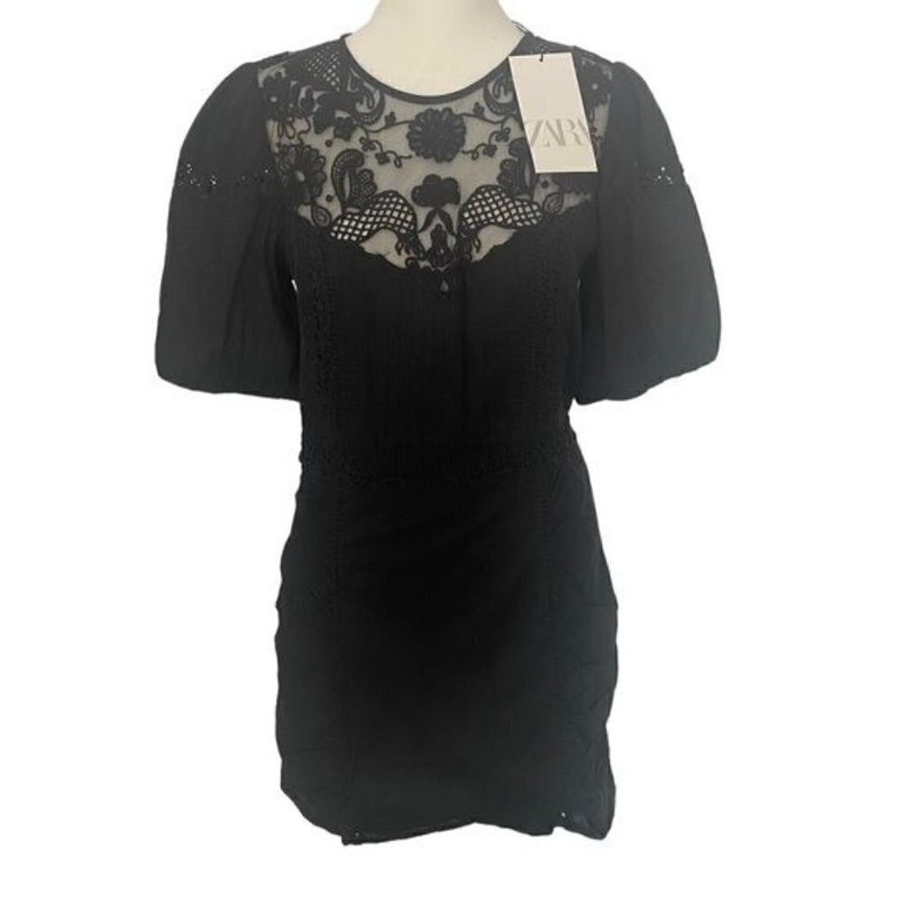 Zara Black Cotton Lace Short Sleeve Dress M